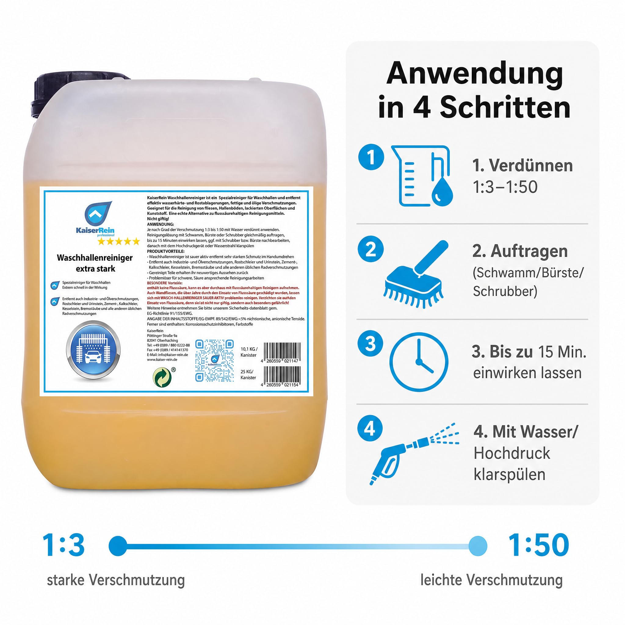 KaiserRein Fliesenreiniger Waschhallenreiniger Extra Stark, Zementschleierentferner und Bodenreiniger Konzentrat, Sauer Aktiv & Flusssäurefrei, für Waschhalle/Hallenboden/Fliesen, 10,1 kg Kanister