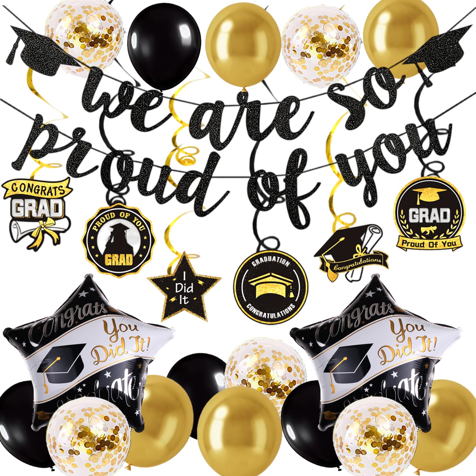 Solihigh Graduation Decorations of 2026, We Are So Proud of You Black and Gold Inflatables Decor Banner, Hanging Swirls and Celebration Cards, for Graduation Party Decor