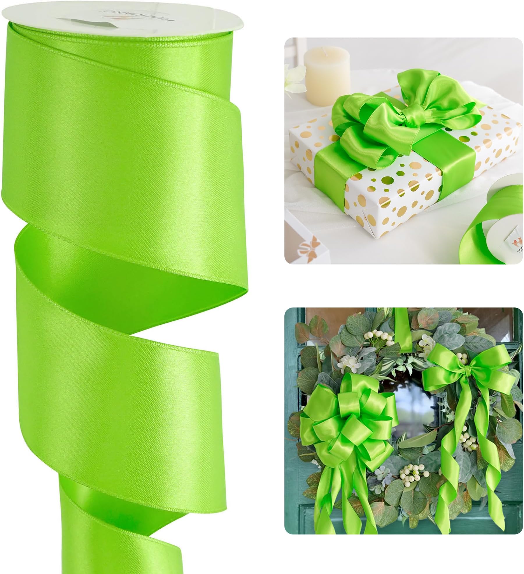 HUIHUANG Lime Green Wired Ribbon 2.5 inch Green Satin Wire Ribbon for Wreaths, Bows Making, Flower Bouquet, Garland, Home Decor, Crafts, Halloween Decor, Christmas Tree Bows-10 Yards