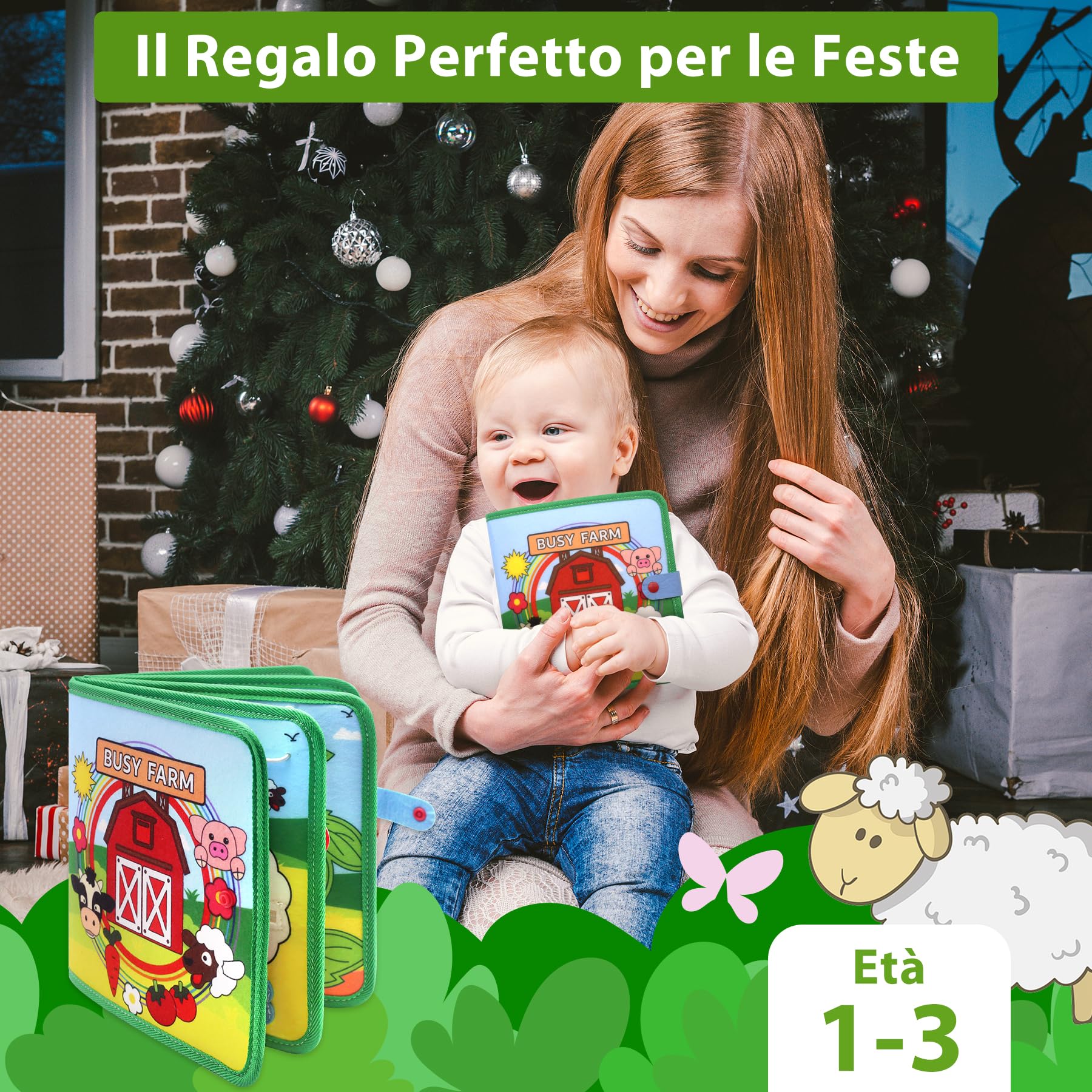 Busy Board Libro Montessori Interattivo 1 Anno, 18 in 1 Busy Farm Quiet Book Montessori Sensoriale Educativo Giochi per Bambini di 1 2 3 4 Anni, Giocattoli da Viaggio per Bambini Piccoli