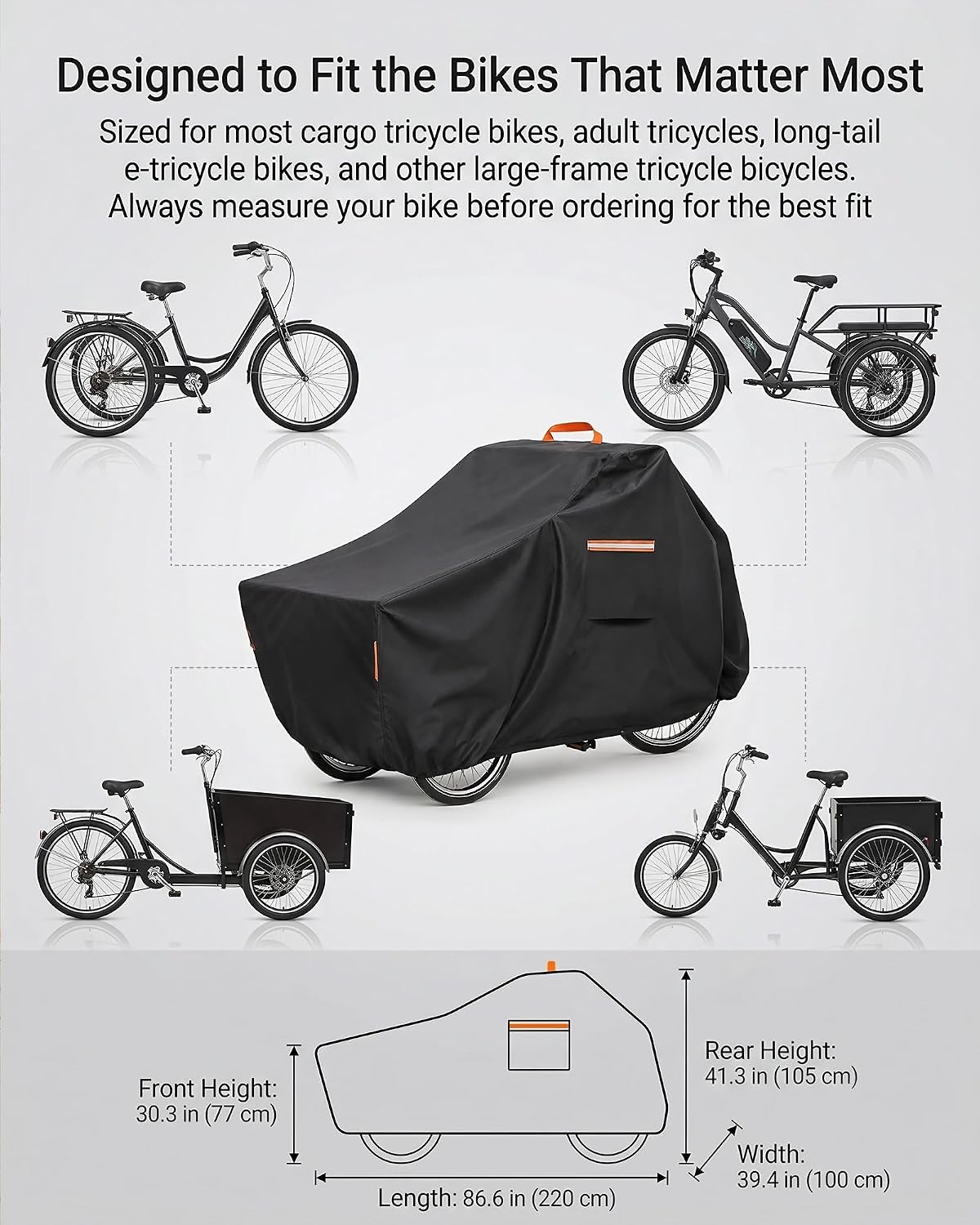 Bike Cover Outdoor Heavy-Duty 600D Waterproof for Cargo 3 Wheel Bikes | Adult Tricycles, Windproof Locking System, UV Protection, Ventilation Holes for All-Weather Outdoor Storage Ebike Tarp, Black