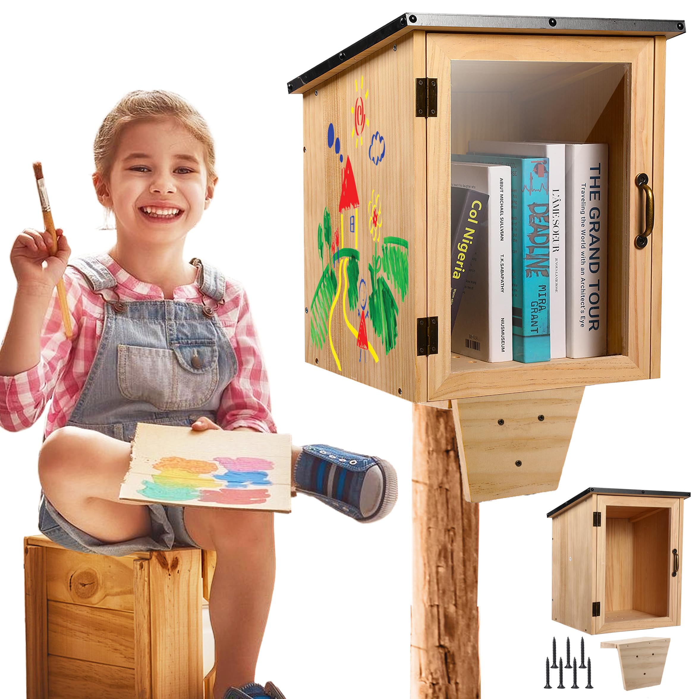 Outdoor Library Box with Little Library Mount,DIY Book Box Outside Storage Cabinet with Acrylic Door, Wood Exchange Book Box for Neighborhoods Community and Schools, Sharing Books, Literature