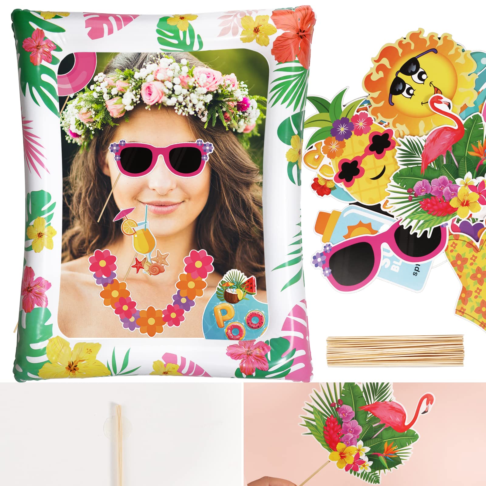 Accessoires Photomaton été Thème Tropical - Décoration Fête Hawaïenne, Anniversaire, Plage Avec Cadres Et Accessoires