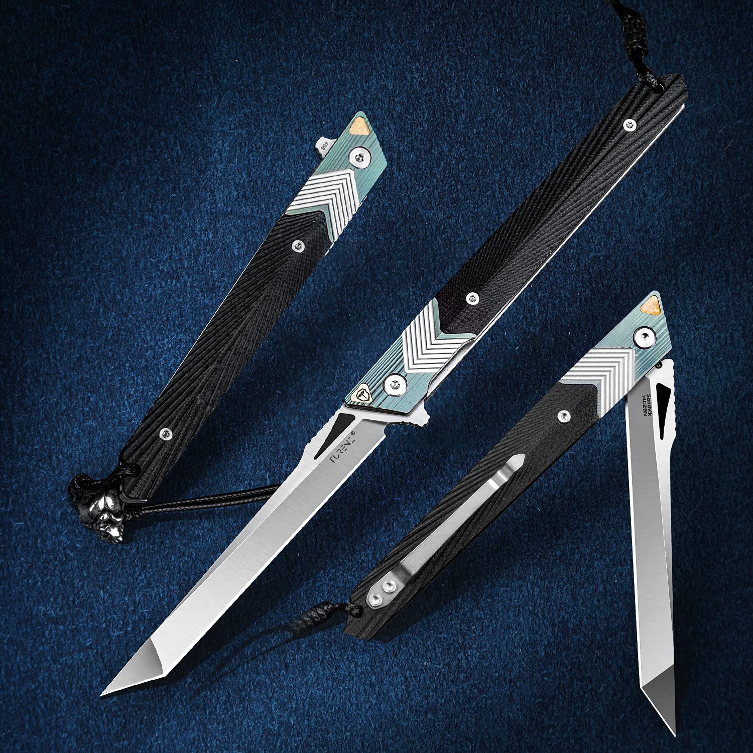 TURENZ Folding Knife with Clip, 14C28N Steel Tanto Blade, Non-slip Titanium Alloy Handle Lightweight EDC Gentleman's Pocket Knife with Sheath for Belt