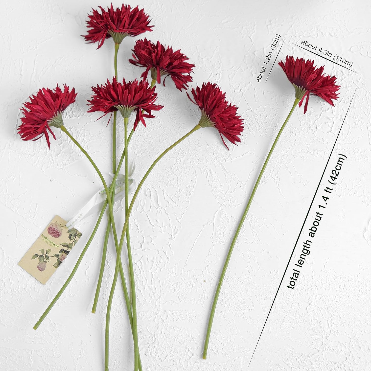 FiveSeasonStuff FireBrick Red Spider Gerbera Daisies Silk Flowers Real Looking Artificial Flowers 16.5'' (6 Stems)