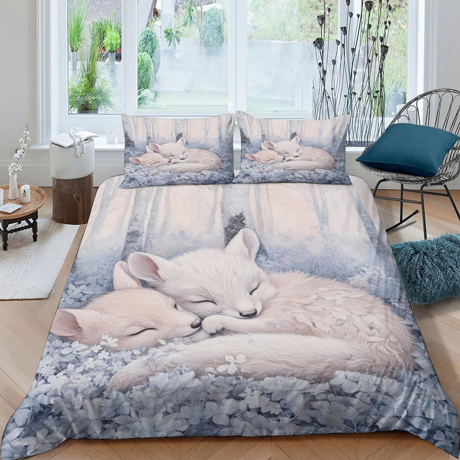 Housse de couette 140x200 renard 3D linge de lit pastels doux avec taie