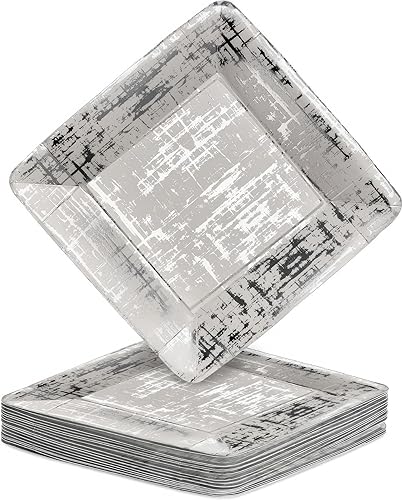 Miniatura 3 de Elegantes platos cuadrados desechables (18 unidades), platos metálicos de papel de diseño abstracto, platos de papel resistentes de 10 pulgadas,