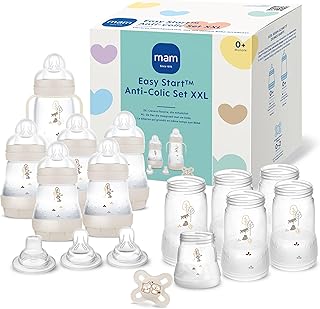 MAM Easy Start Anti-Colic Babyflaschen Set XXL, mitwachsende Baby Erstausstattung mit Schnuller, Flaschen, Sauger und mehr, Baby Geschenk Set, ab Geburt, beige