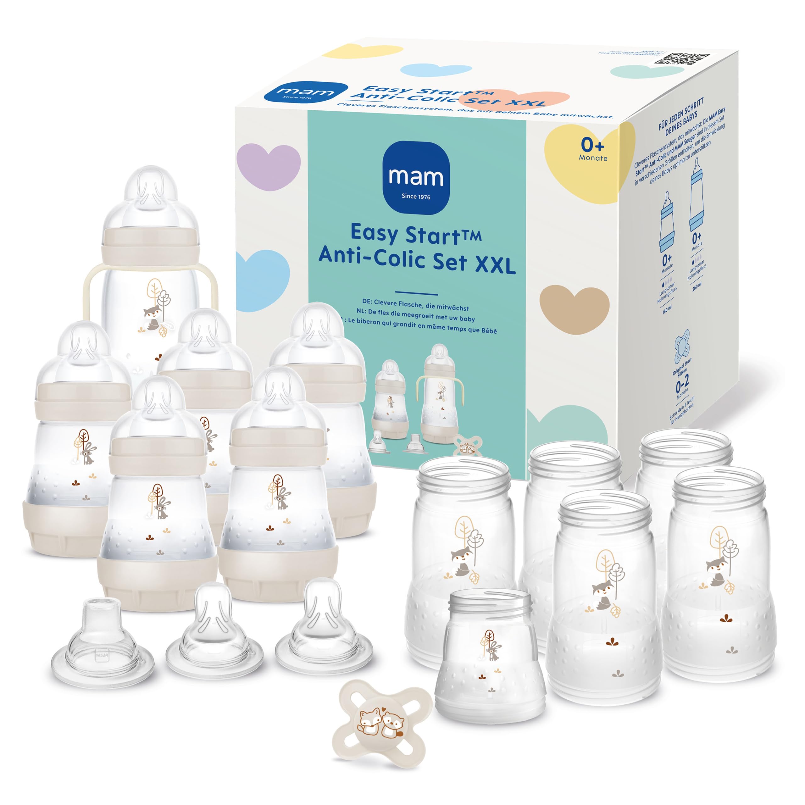 MAM Easy Start Anti-Colic Babyflaschen Set XXL, mitwachsende Baby Erstausstattung mit Schnuller, Flaschen, Sauger und mehr, Baby Geschenk Set, ab Geburt, beige
