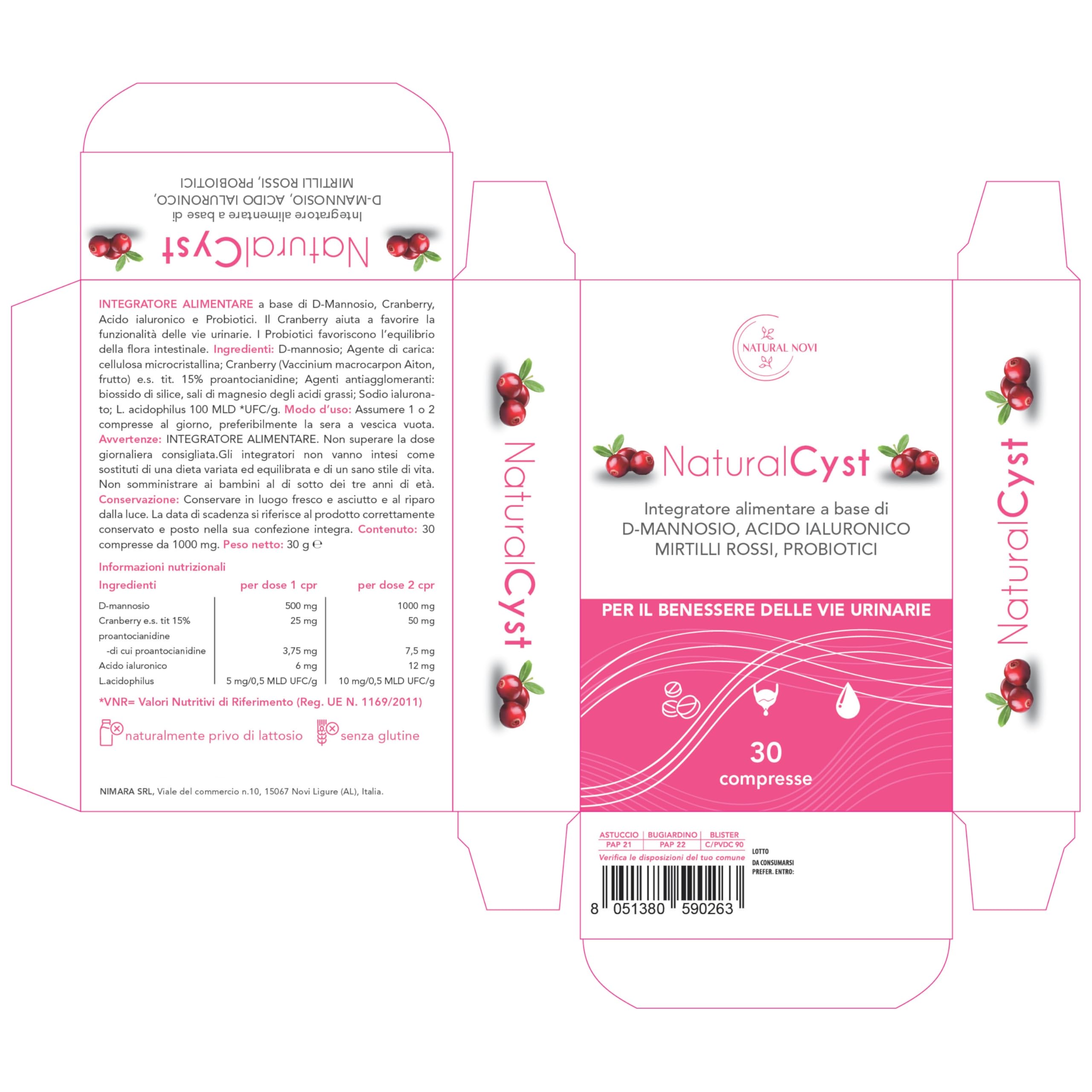 NaturalCyst® | D-mannosio puro con fermenti lattici probiotici | Acido Ialuronico | Mirtillo rosso | per Candida Vaginosi e infezioni delle vie urinarie | Vegan, senza Glutine, Senza lattosio