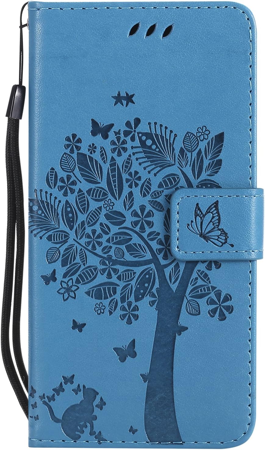 LG K30 Case, LG K10 2018 Case, LG Premier Pro Case, Lacass Cat Tree Pattern PU Leather Flip Wallet Case Cover Kickstand with Card Slots and Wrist Strap for LG K30 (X410) - Blue