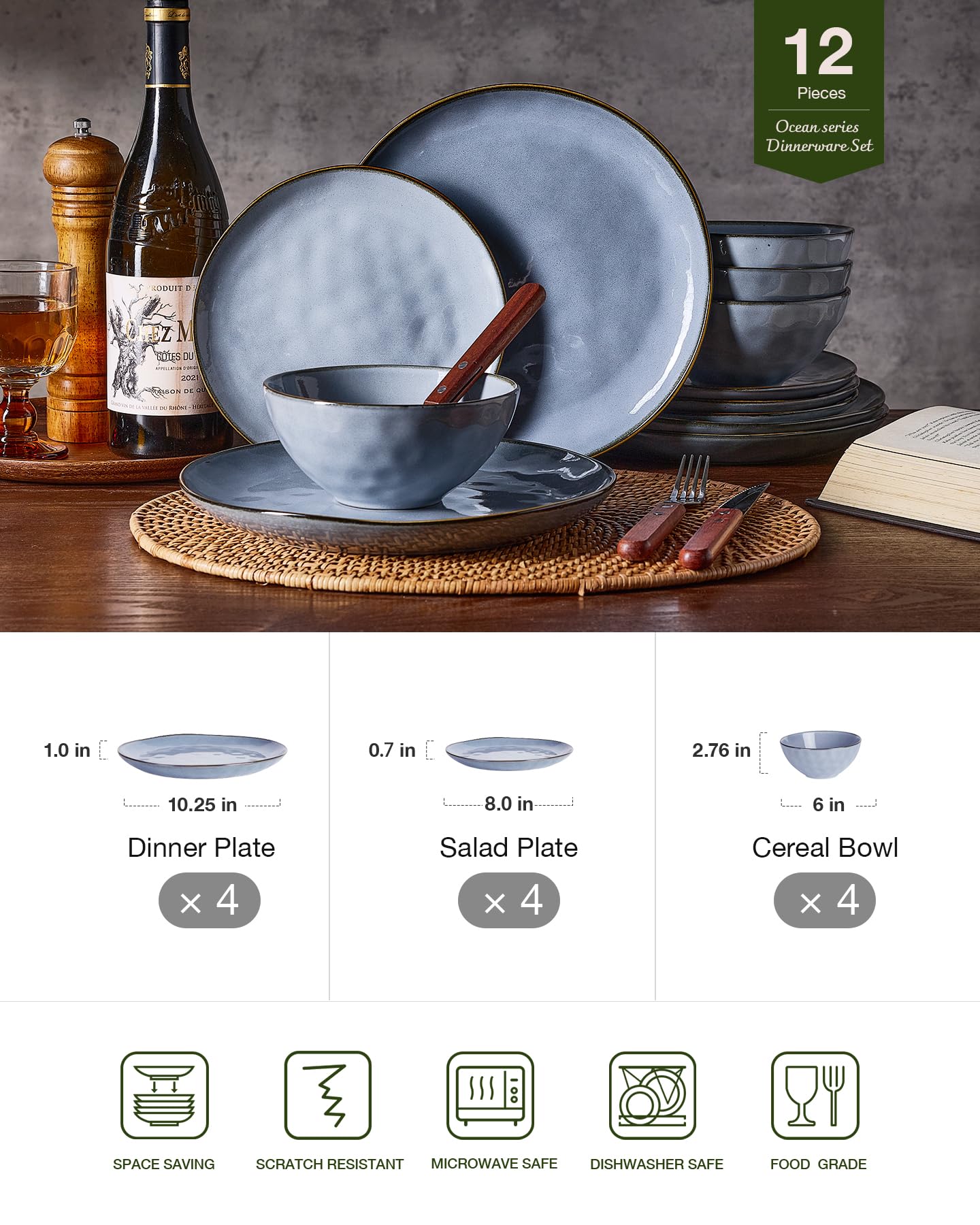 Famiware Zestawy zastawy stołowej dla 4 osób, okrągłe 12-częściowe talerze kuchenne i miski, glazura reaktywna, nadaje się do kuchenki mikrofalowej i zmywarki, odporne na zarysowania, niebieskie