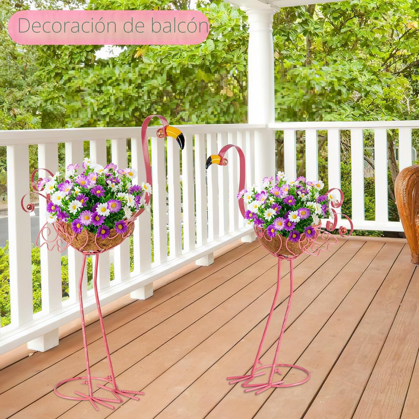 Lote de 2 macetas de flores de metal - Flamenco rosa - Con cesta - Para interior y exterior - Para jardín, patio, terraza, porche