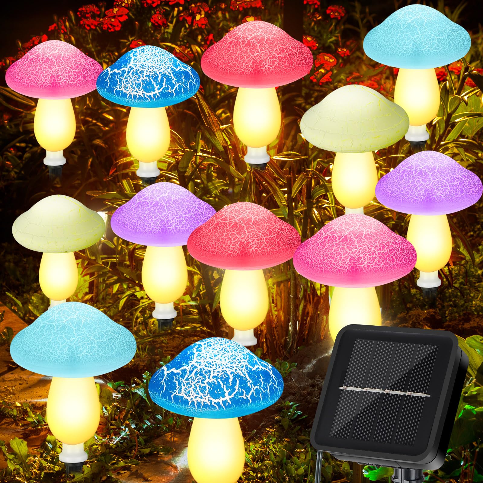 Reginary 12 Pcs Outdoor Lamp Solar Mushroom Light up Garden Mushroom Lights 8 Modes Waterproof Lamp Outside Decor for Holiday Yard Patio Pathway Lawn Ornament(Multicolored,Crack)