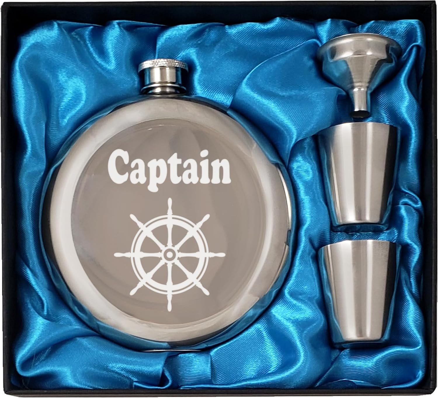 Palm City Products Nautical Theme Flask Gift Set – 10 oz Stainless Steel Captain Flask with Ship Wheel Design, Ideal Gifts for Boat Captains, Sailors & Ocean Lovers