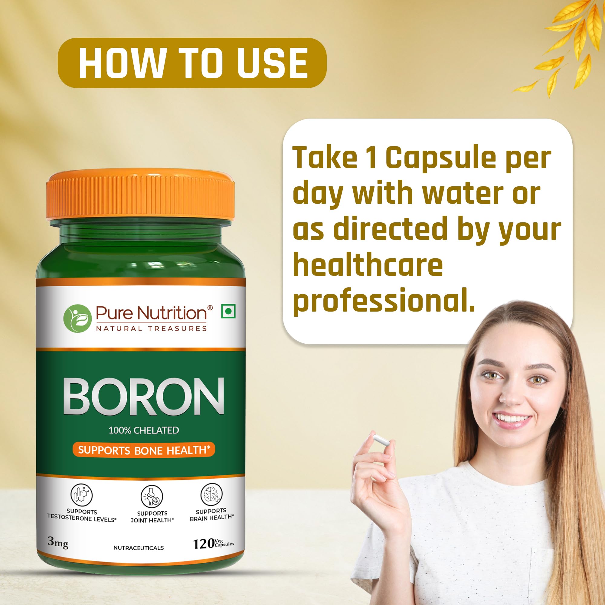 Pure Nutrition Boron 3mg, 120 Veg Capsules | 100% Chelated Boron Supplement for Bone Strength, Joint Support, Cognitive Health & Hormonal Balance 3