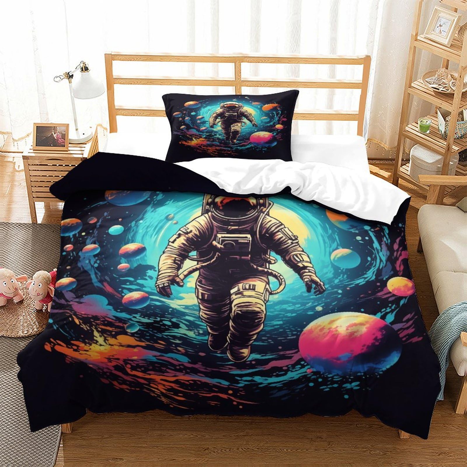 DCABEIOOE Astronauts 3D Printed Printed Comforter Sets Room Decoration 3 Pcs Bedding Set Modern Bedroom Decor 3 Pcs Bedding Set Single（135x200cm）