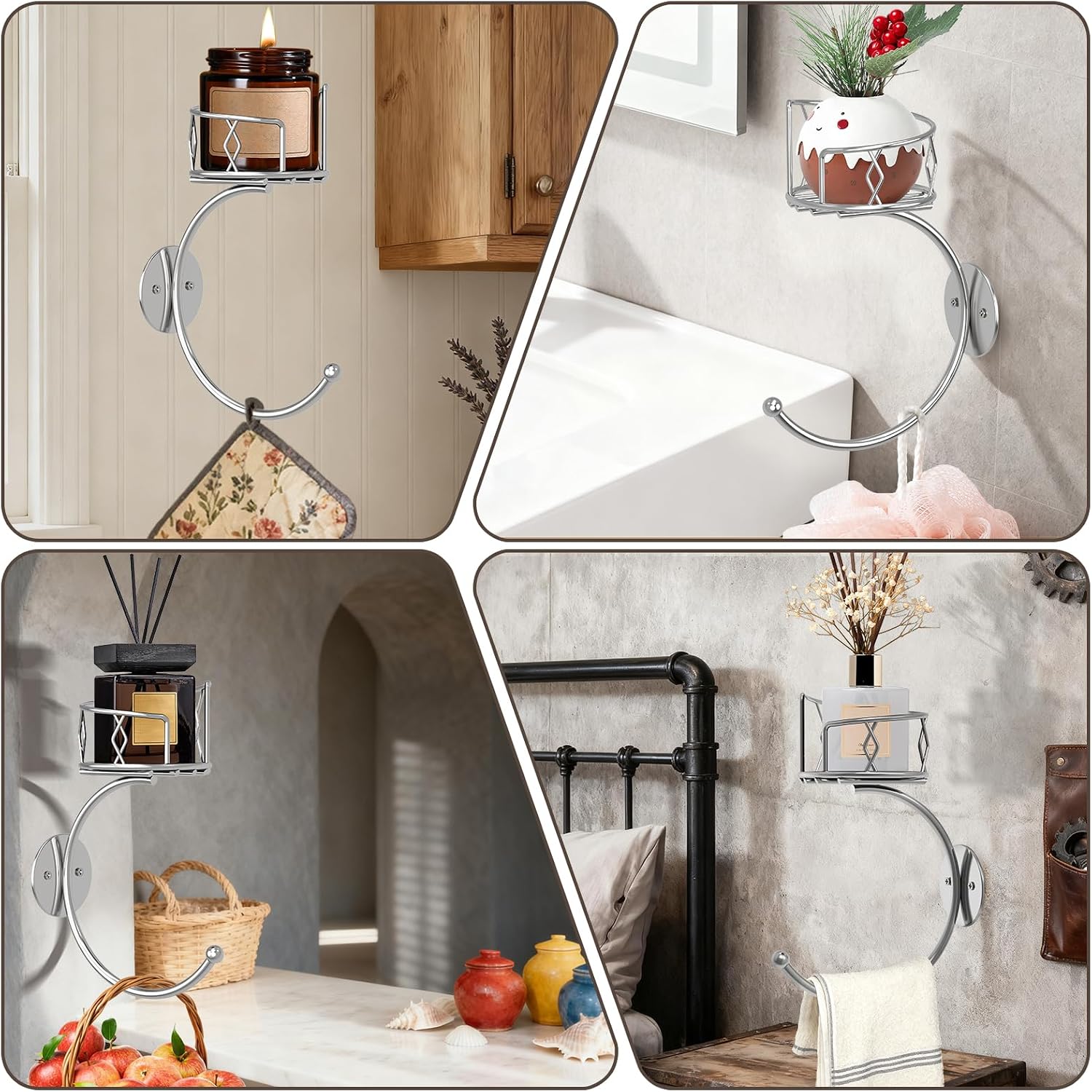 Simple Silver Hand Towel Holder for Bathroom Wall, Metal Sturdy Wall-Mounted Towel Hook with Candle Holder for Vase and Bottled, Hand Towel Racks/Hanger for Bathroom Decor and Kitchen