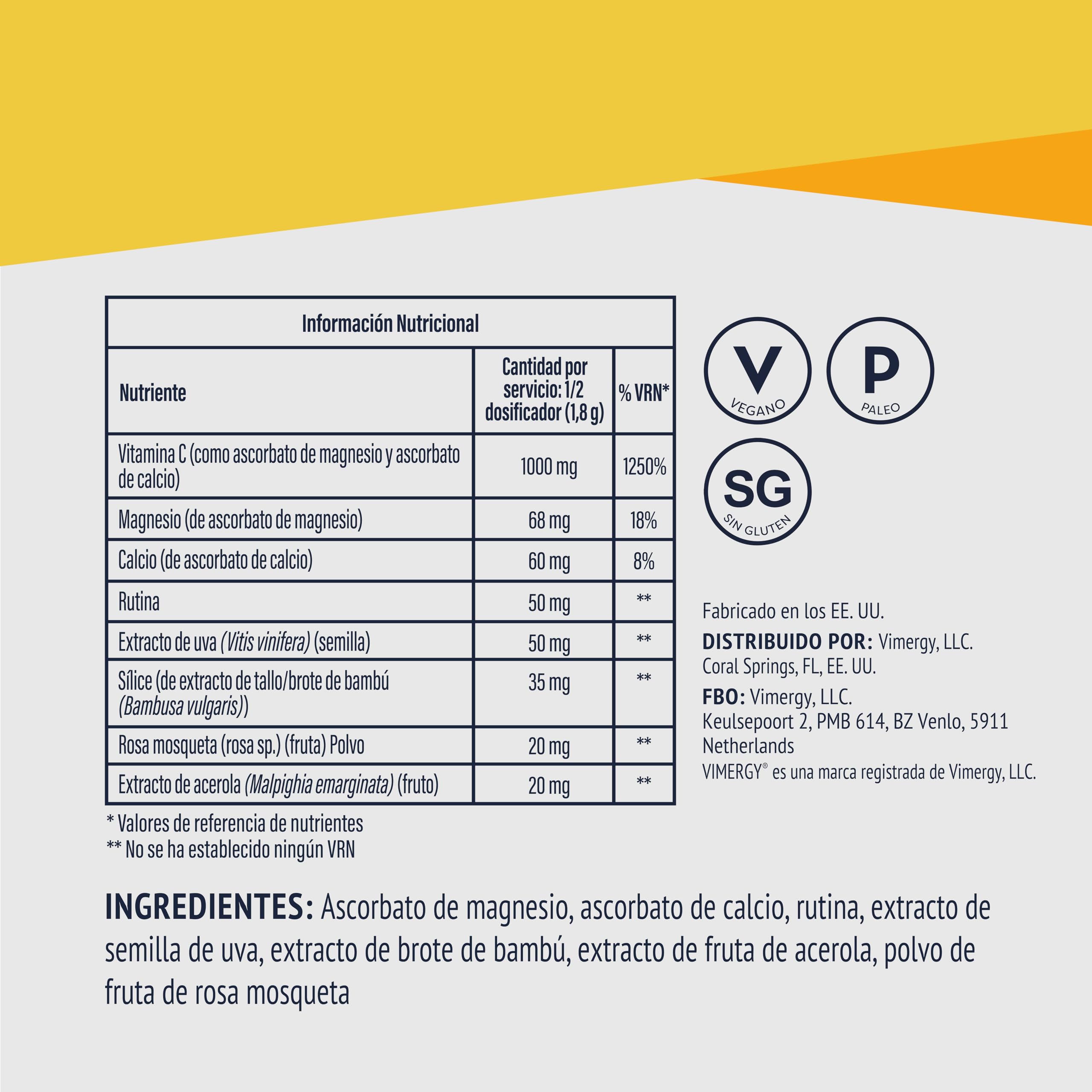 Vimergy Micro-C Immune Power* – 125g, 69 Dosis – Vitamina C Pura en Polvo, 1000 mg – Ácido Ascórbico Suave – – Ayuda al Sistema Inmunológico, Nervioso y Musculoesquelético – Sin Gluten - Vegano