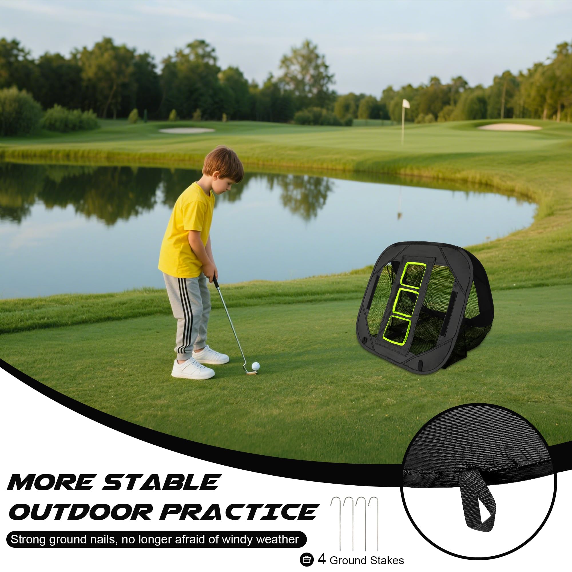Golfnetze für Garten, Golf Chipping Net 5 Modi Pop Up Übungsnetz mit Matte, 12 Schaumstoffbälle, Tragetasche und Zielscheibe, Schwarz