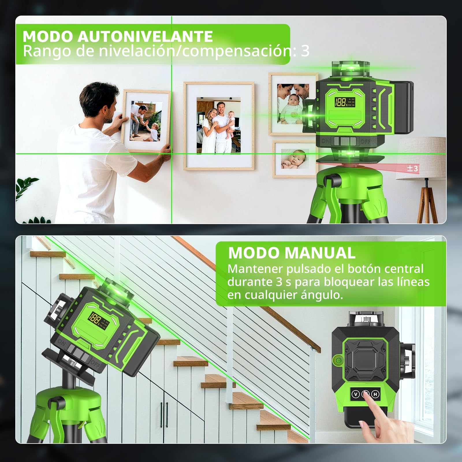 Nivel Laser Autonivelante 360 Grados, Nivel Láser Verde 16 Líneas, 2 x 360 Horizontal y 2 x 360 Verticales, 2 x Batería, Montaje en Pared, Control Remoto, Base Magnética, Soporte Giratorio