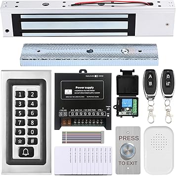 Access Control System Kit with Remote – 600lbs Holding Force Fail-Safe Electromagnetic Lock, Metal Keypad, 12V Power Supply, Exit Button & Doorbell, Supports RFID, Password & Remote Access