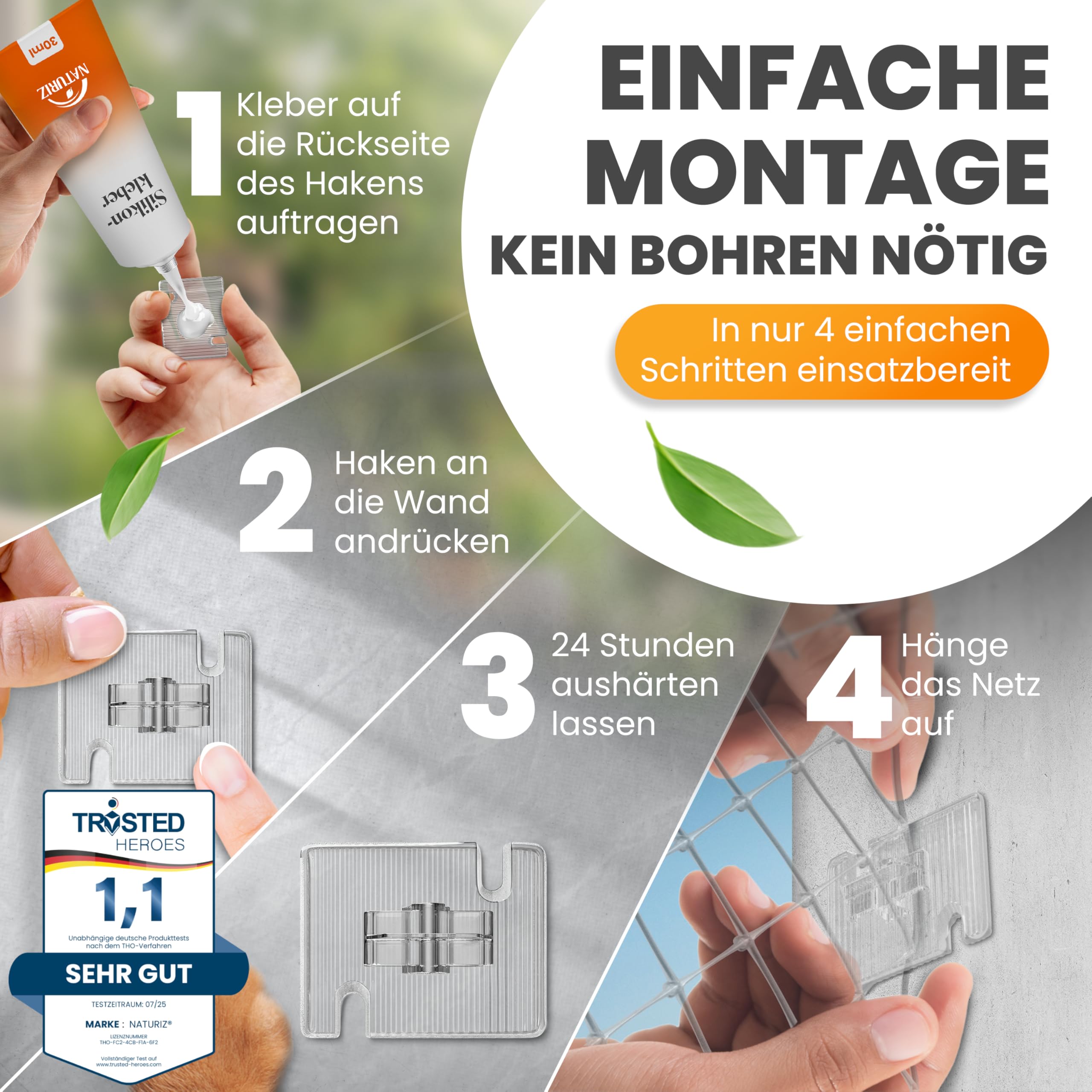 Naturiz® Katzennetz für Balkon ohne Bohren inkl. Klebehaken & Silikonkleber – Katzenschutznetz für Balkon & Fenster, Katzennetz transparent - Taubennetz, Katzenschutznetz, Katzengitter (3x4m)