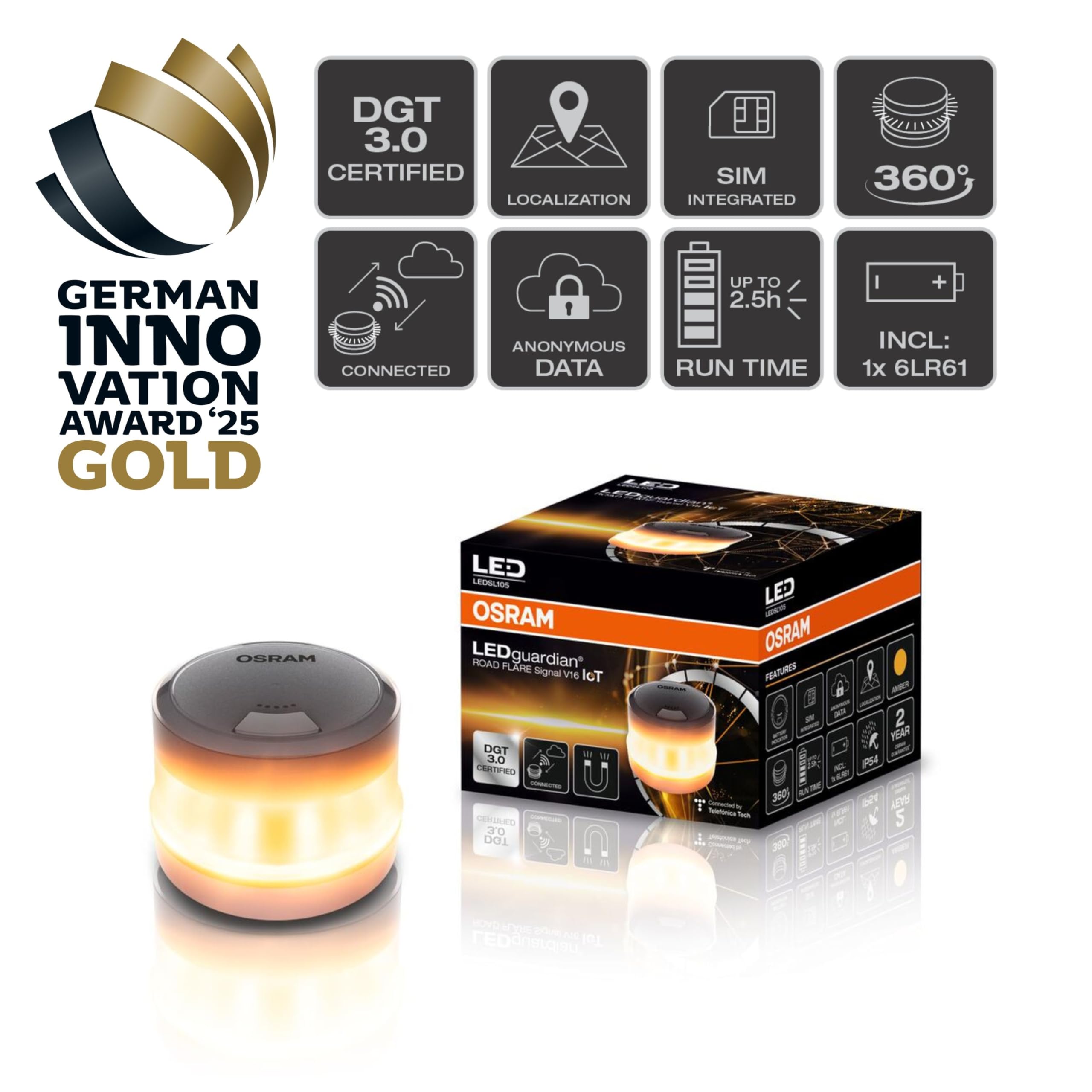 Osram LEDguardian Road Flare Signal V16 IoT, feu d'avertissement LED certifié DGT 3.0, Utilisation obligatoire en Espagne, 1900K, localisation en Temps réel