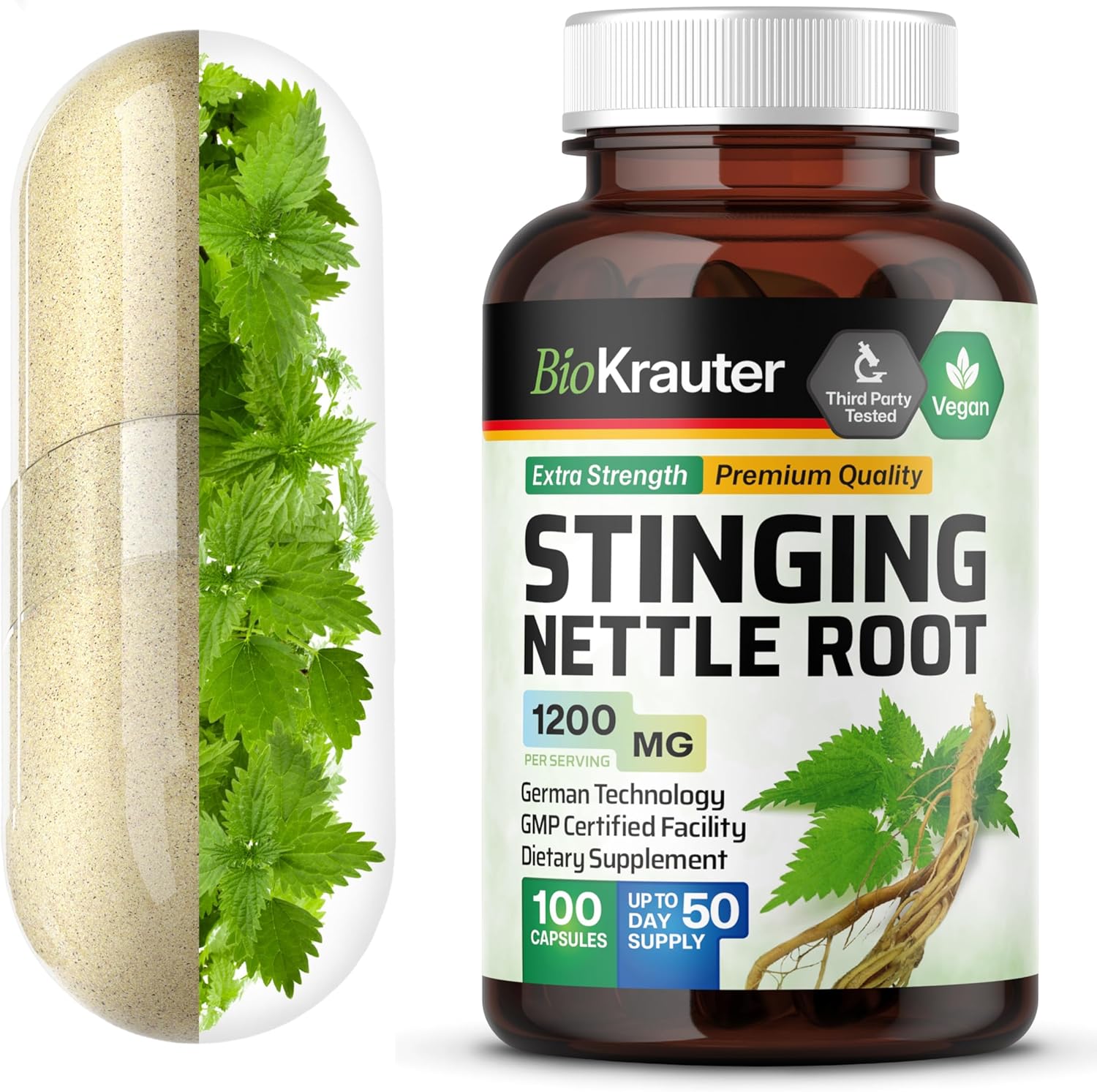 BIO KRAUTER® Stinging Nettle for Seasonal Support - Stinging Nettle Root Supplement (Urtica Dioica) 1200 mg for Urinary Tract Support & Daily Wellness - 100 Capsules, 50 Days of Supply, Non-GMO