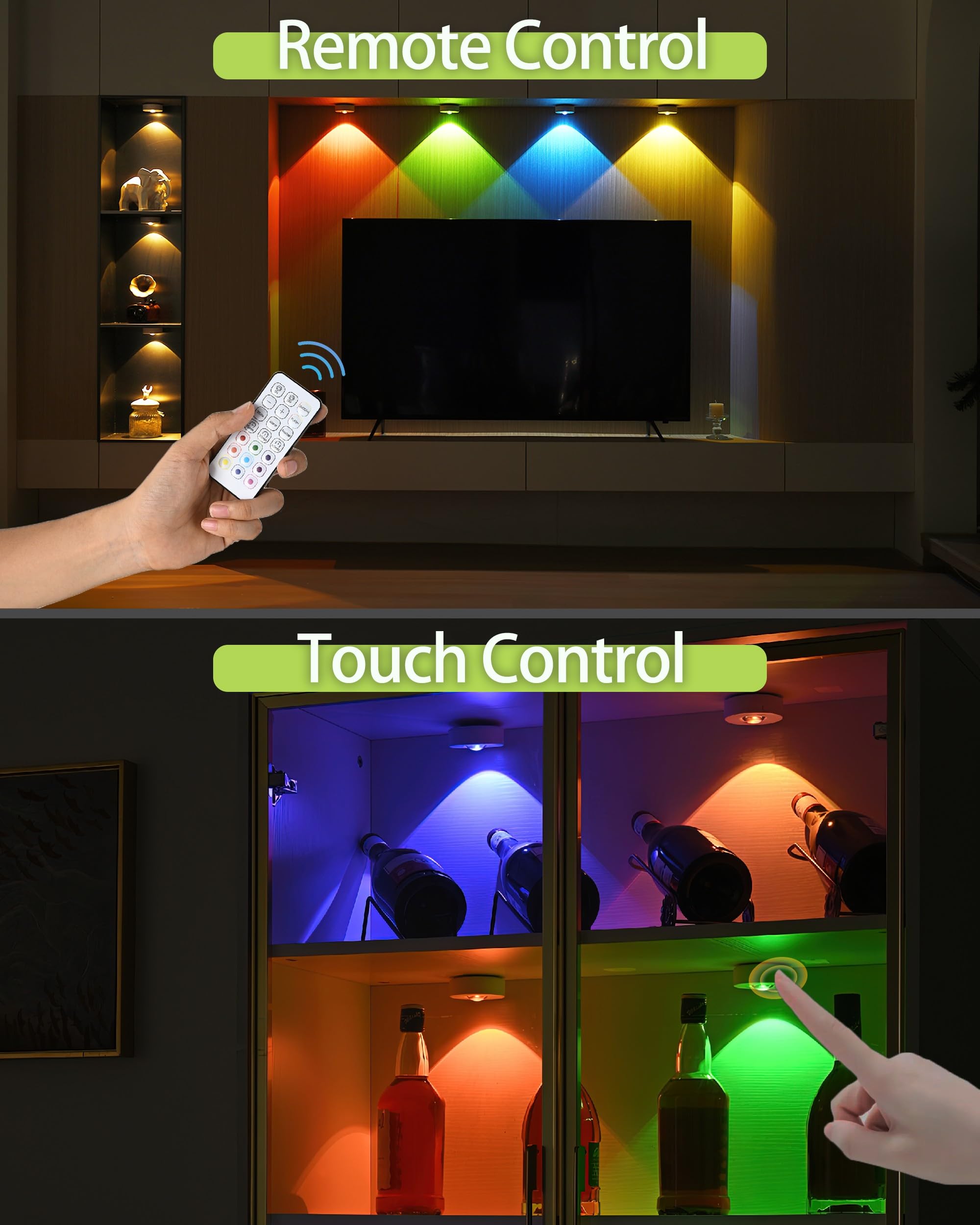 Paquete de 3 luces RGB inalámbricas para debajo del gabinete con función de temporizador, luz magnética regulable, luces de disco recargables con control remoto, luz LED táctil para cocina