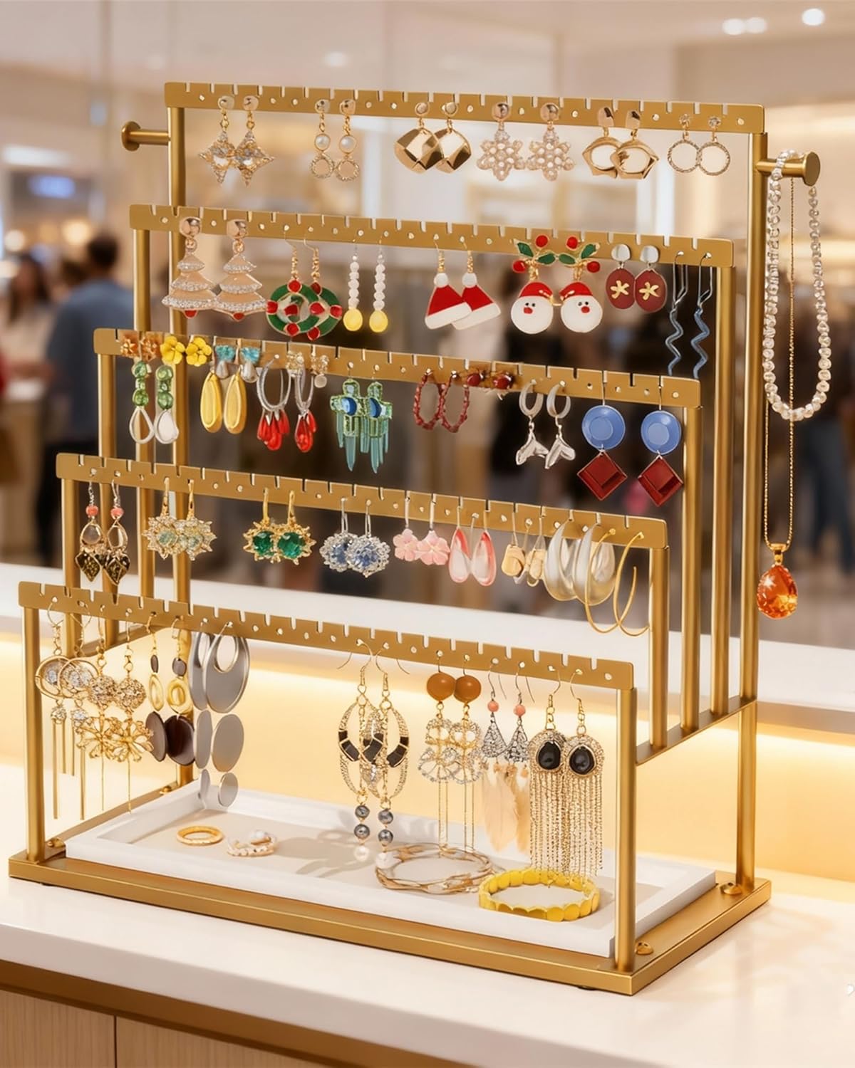 Earring Holder Organizer Gold, 5-Tier Jewelry Display Stand with Elegant Gold Metal Frame and Wooden Tray, Large Earring Holder for Studs, Hoops, Dangles, Decorative Jewelry Organizer for Women - Image 7