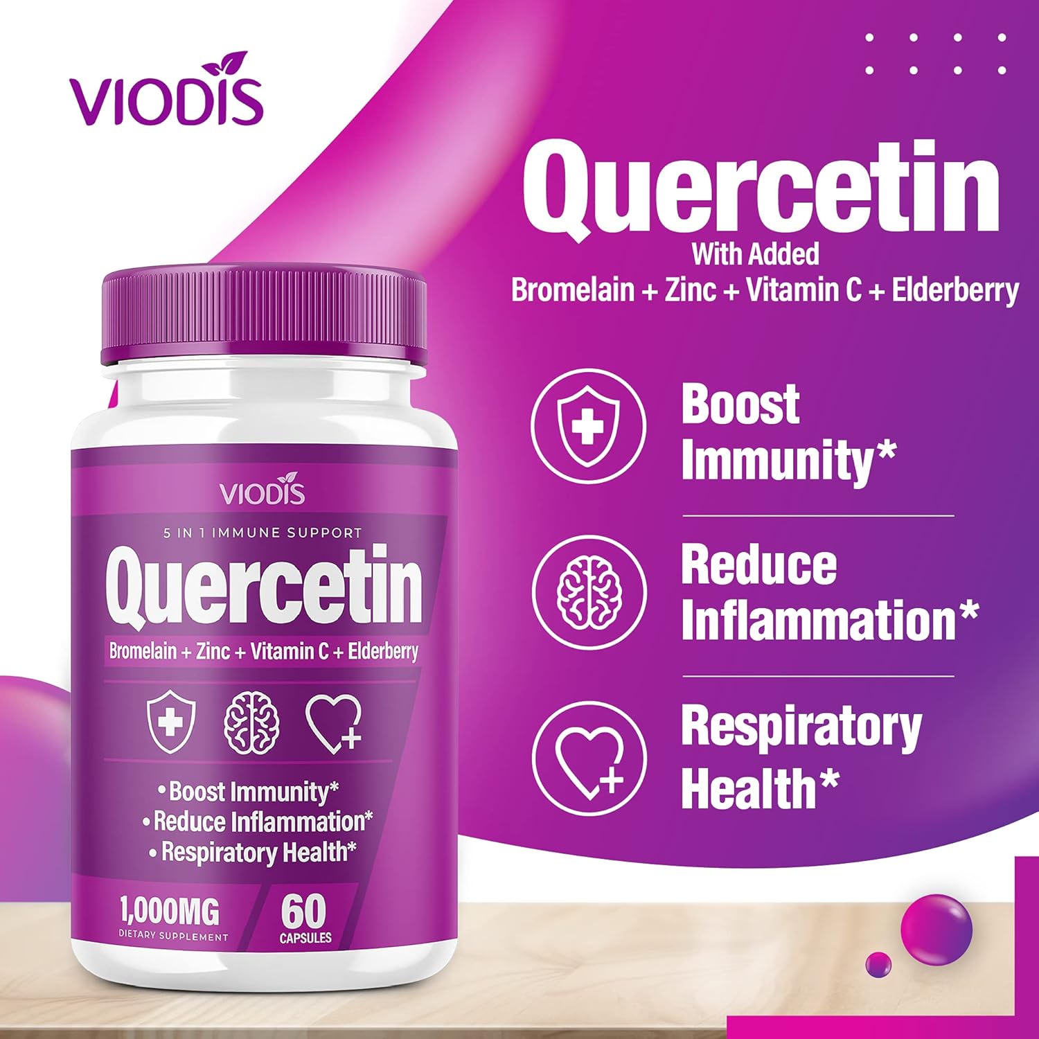 (2 Pack) Quercetin with Bromelain Vitamin C Zinc Elderberry 1000mg Immune System Booster, Lung Support Supplement for Adults Kids - Immunity Defense (120 Capsules) : Health & Household