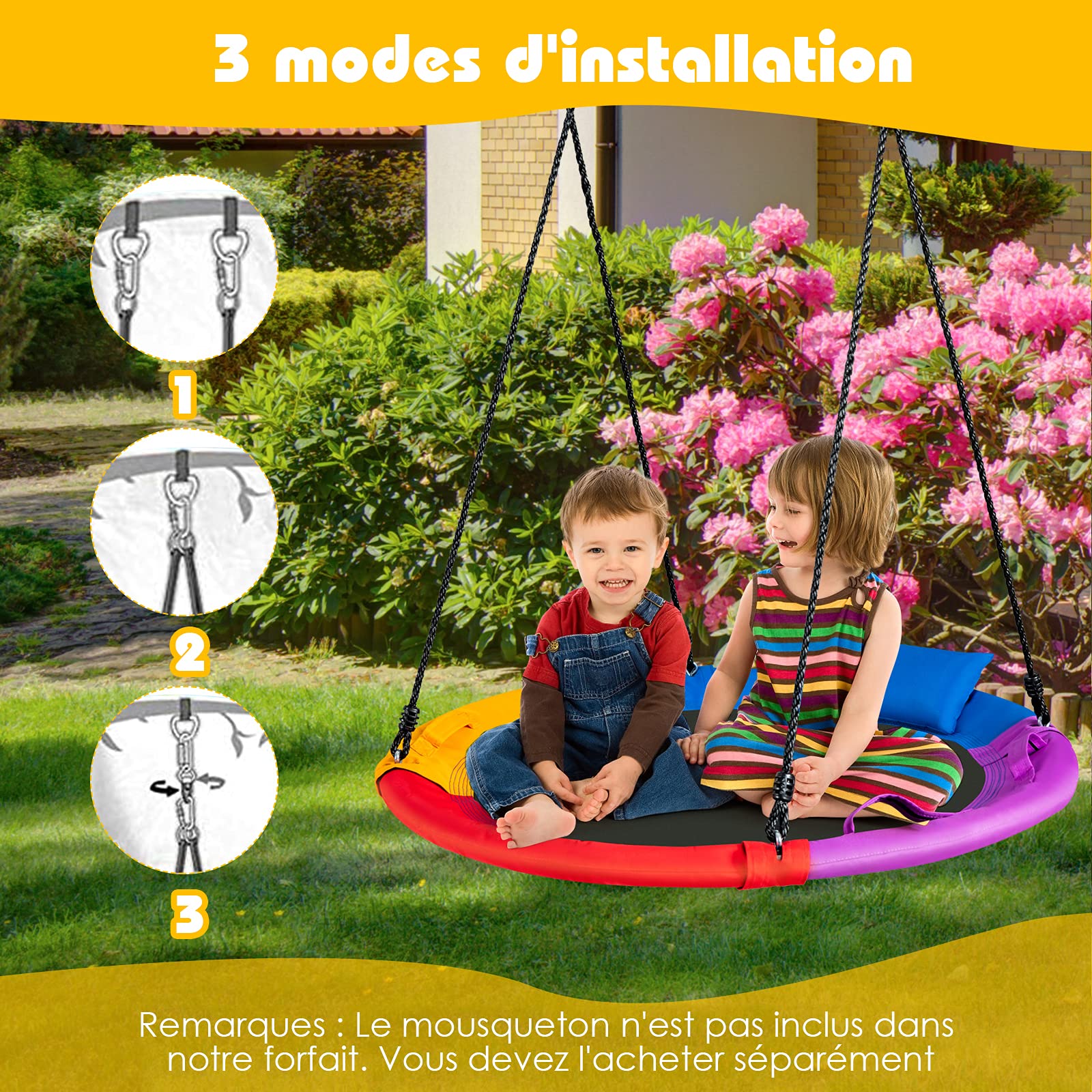 COSTWAY Balançoire Nid d'Oiseau Ø100 CM, Charge Max 150 KG, Balançoire Ronde pour Enfants et Adultes, Hauteur Réglable 100-180 CM, pour Jardin, Aire de Jeux (Coloré)