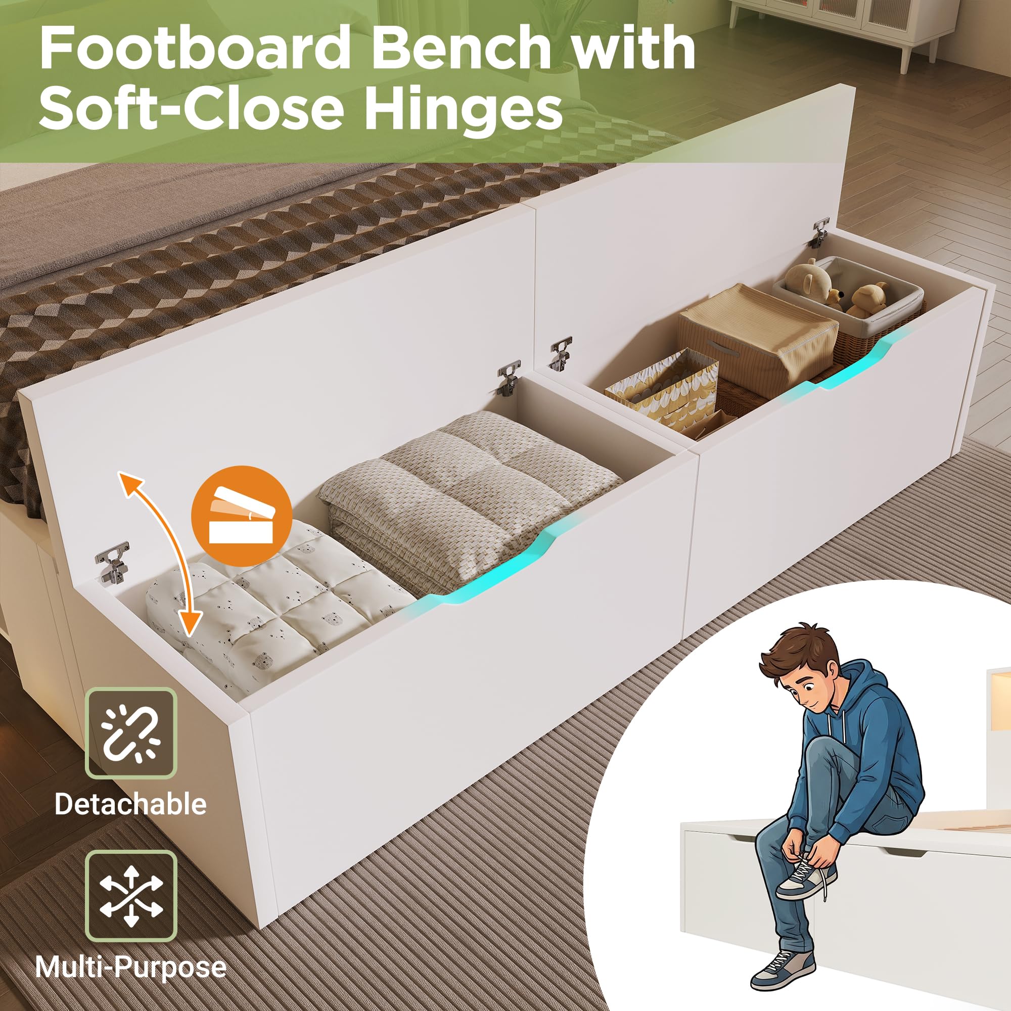 Zepneiy Lit Enfant 140x200 avec LED et USB, Lit Double 140x200 avec Tabouret Queue et tiroirs, avec étagères et sommier à Lattes, pour Adolescent et Enfant, Cadre de en Bois Blanc(sans Matelas)
