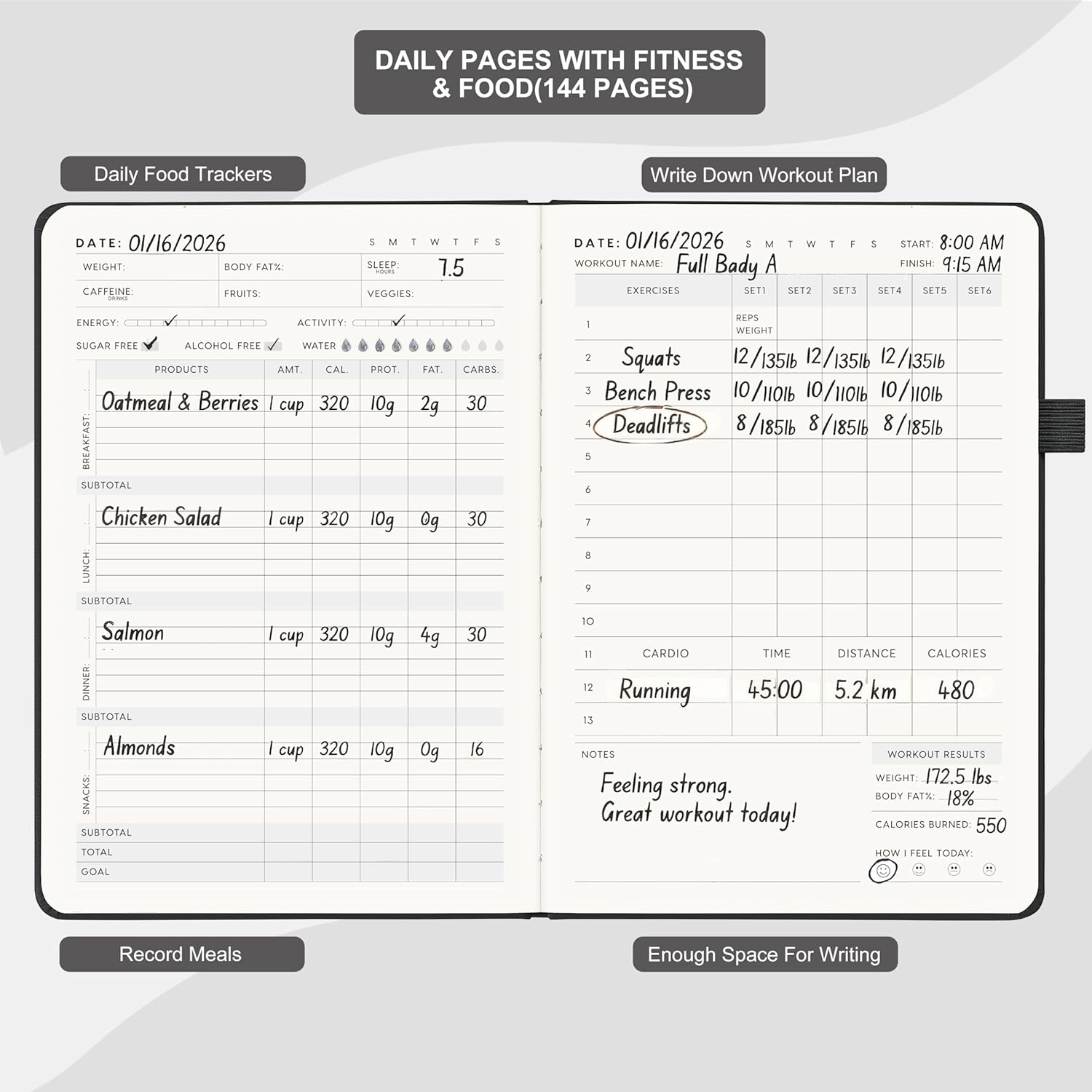 &And Per Se Workout and Food Journal – Fitness Journal with Daily Diet Tracker & Gym Exercise Log Book for Men & Women – Undated, A5 Size, Leather Hardcover (Black) image 3