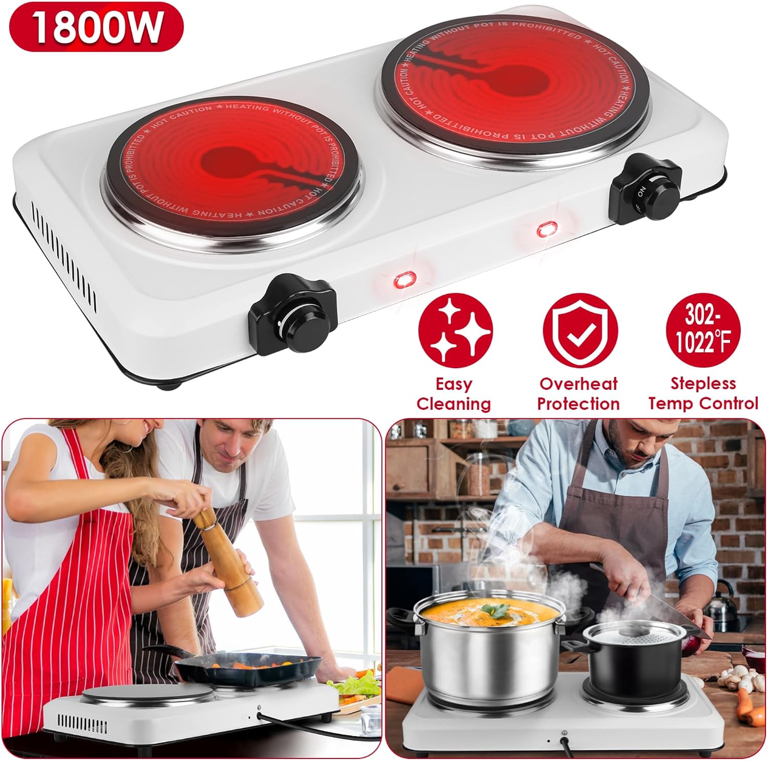 Casafoyer 1800W Electric Infrared Dual Burner Portable Heating Hot Plate Stove Countertop RV Hotplate with 7.5 & 6.3 Glass Cooktop Stepless Temperature Adjust