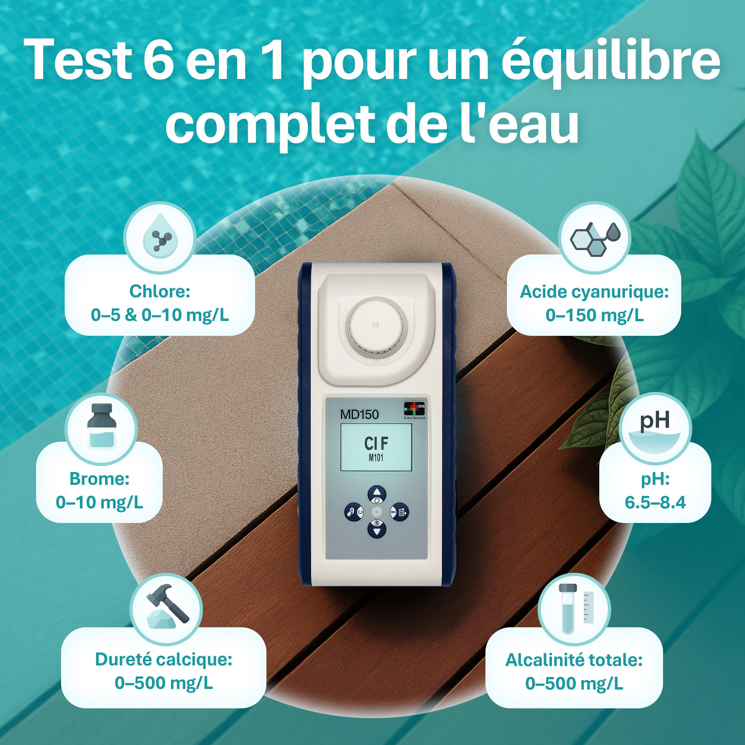 Lovibond MD150 Photomètre - Testeur d'eau 6-en-1 pour piscine | chlore, pH, brome, alcalinité, dureté et acide cyanurique | Kit d'analyse d'eau avec NFC & USB | AquaLX App, étanche IP68