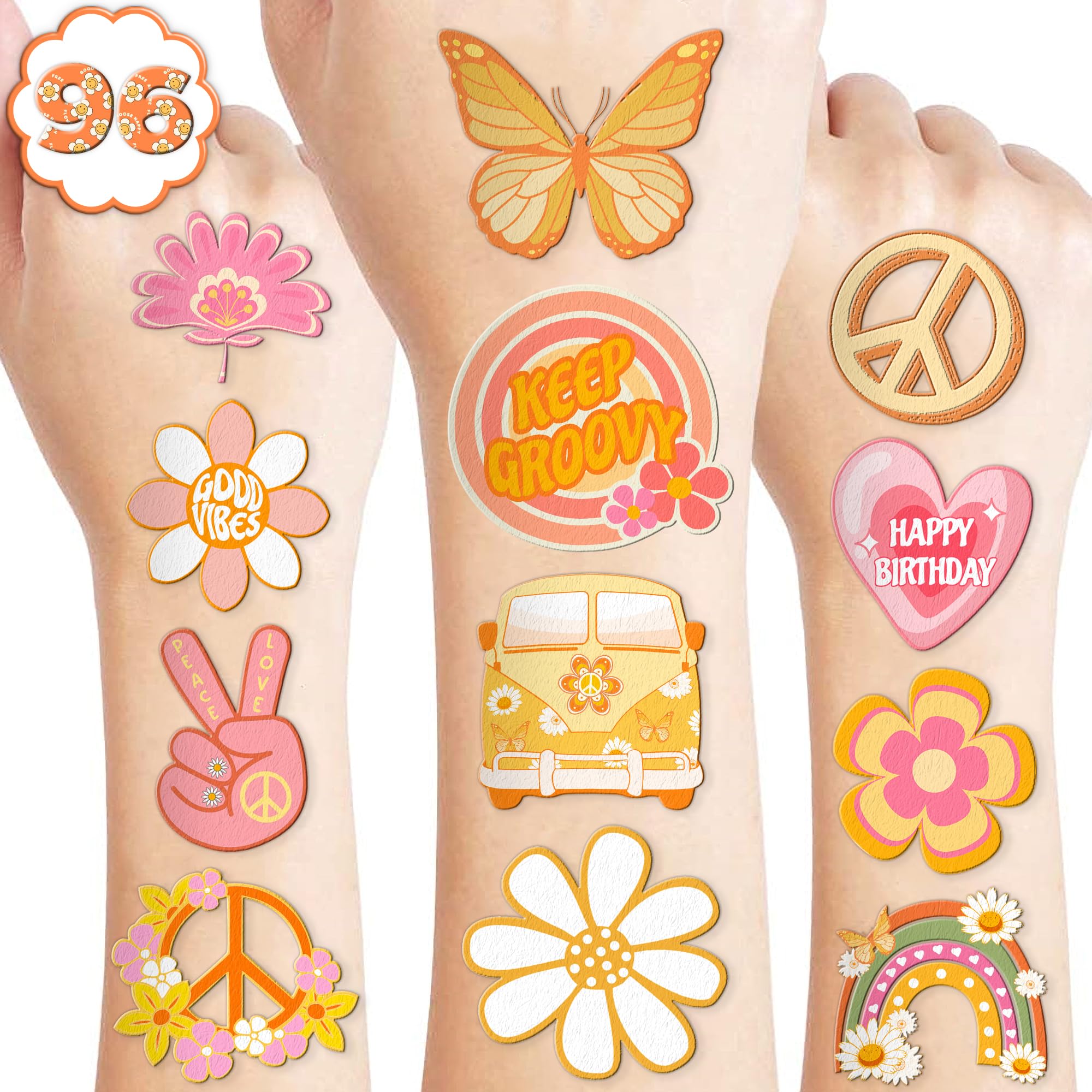 96 PCS Two Groovy Retro 60s 70s Pre-Cut Temporary Tattoos for Kids | Super Cute Themed Birthday Party Favors, Supplies, Decorations, Fake Tattoo