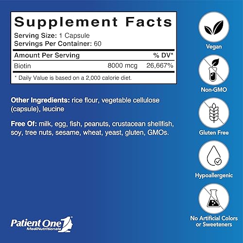 Miniatura 2 de Patient One Biotina 8mg Suplemento para apoyar la salud del cabello, la piel y las uñas* 60 cápsulas