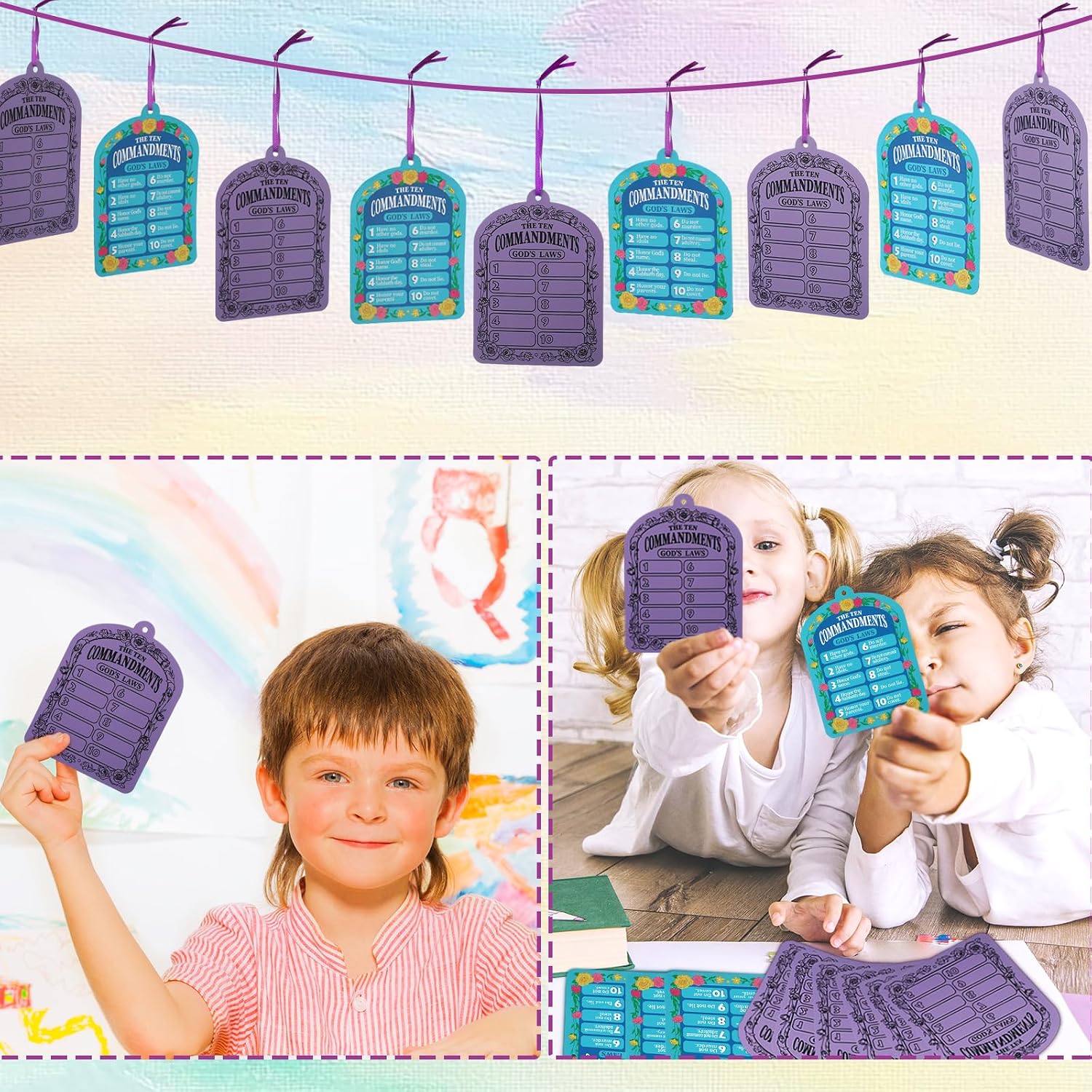 Jenaai 24 Sets Ten Commandments Crafts Magic Color Scratch Kit | 10 Commandments Scratch Cards, Sunday School Crafts, Religion Christian DIY Decor for Home Activity Gift Paint Cards