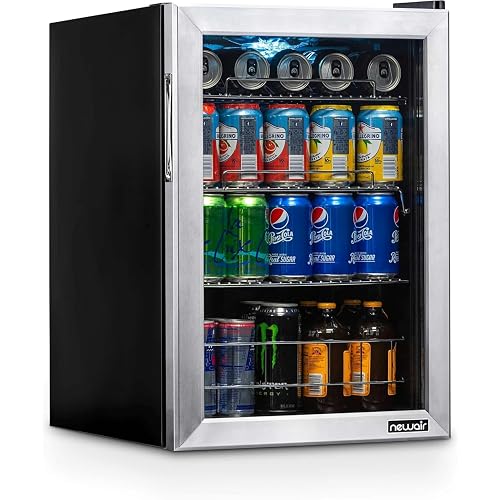 NewAir 90 Can Beverage Refrigerator | 17” Freestanding Small Mini Fridge for Bedroom, Home Bar or Office | Quiet Compressor Cooling & Adjustable Shelves | Stainless Steel