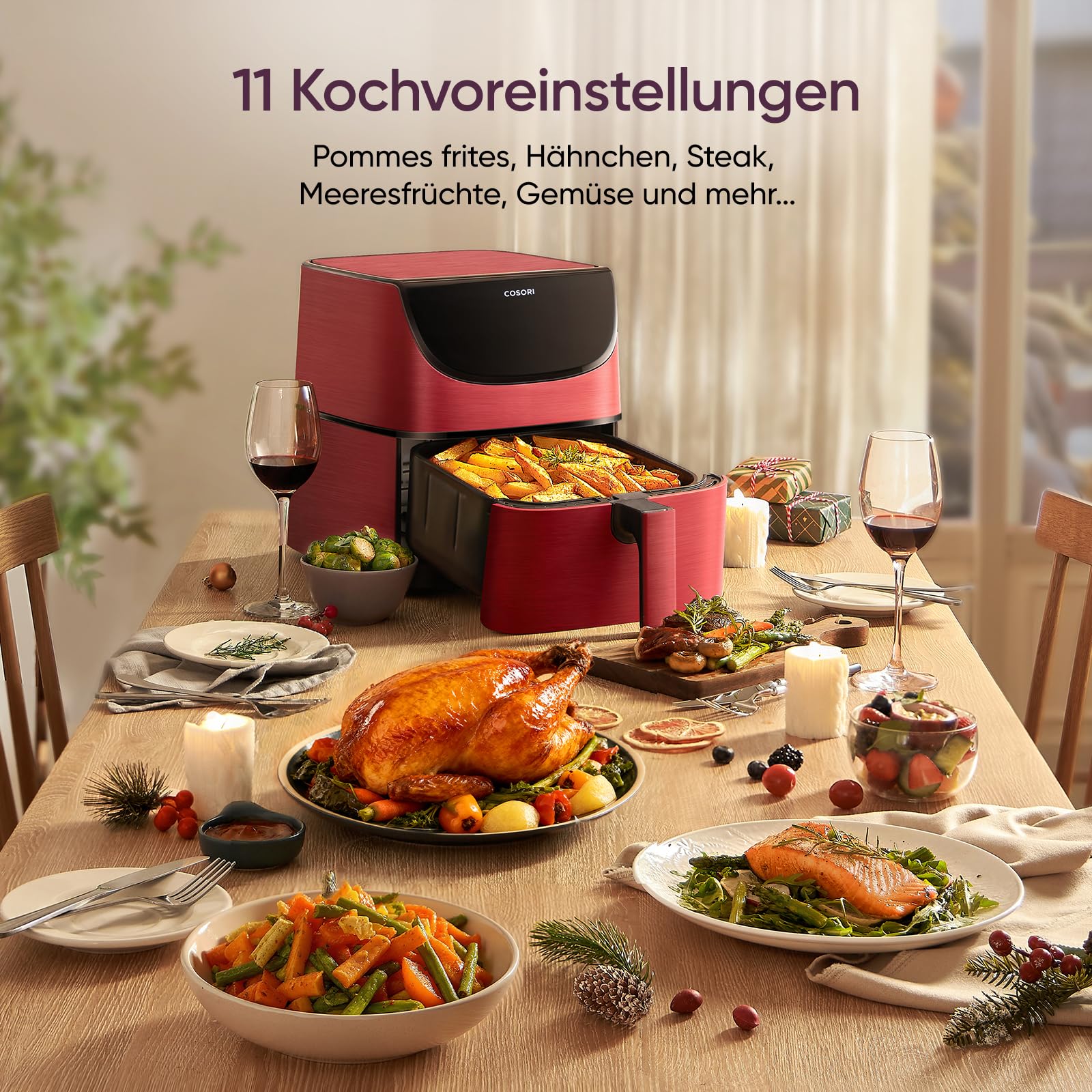 COSORI Heißluftfritteuse, Airfryer Testsieger 2024, 11-in-1 Air Fryer XXL 5,5L, Heissluftfritteuse mit Shake-Reminder, 97,3 Prozent ölsparend, 67,5 Prozent energiesparend, spülmaschinenfest Körbe, Rot
