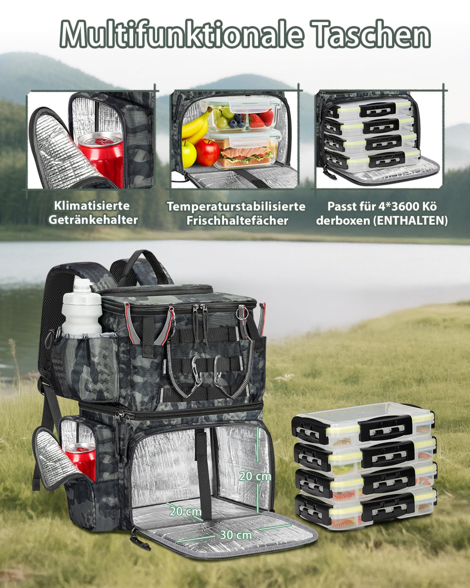 MATEIN Angelrucksack mit Boxen und Rutenhalter, Wasserdichter Angel Rucksack Herren mit Kompass und Isoliertes Kühlfach, Angelrucksack mit 4 Köderbox Angeln für Angeln Camping, Geschenke für Angler