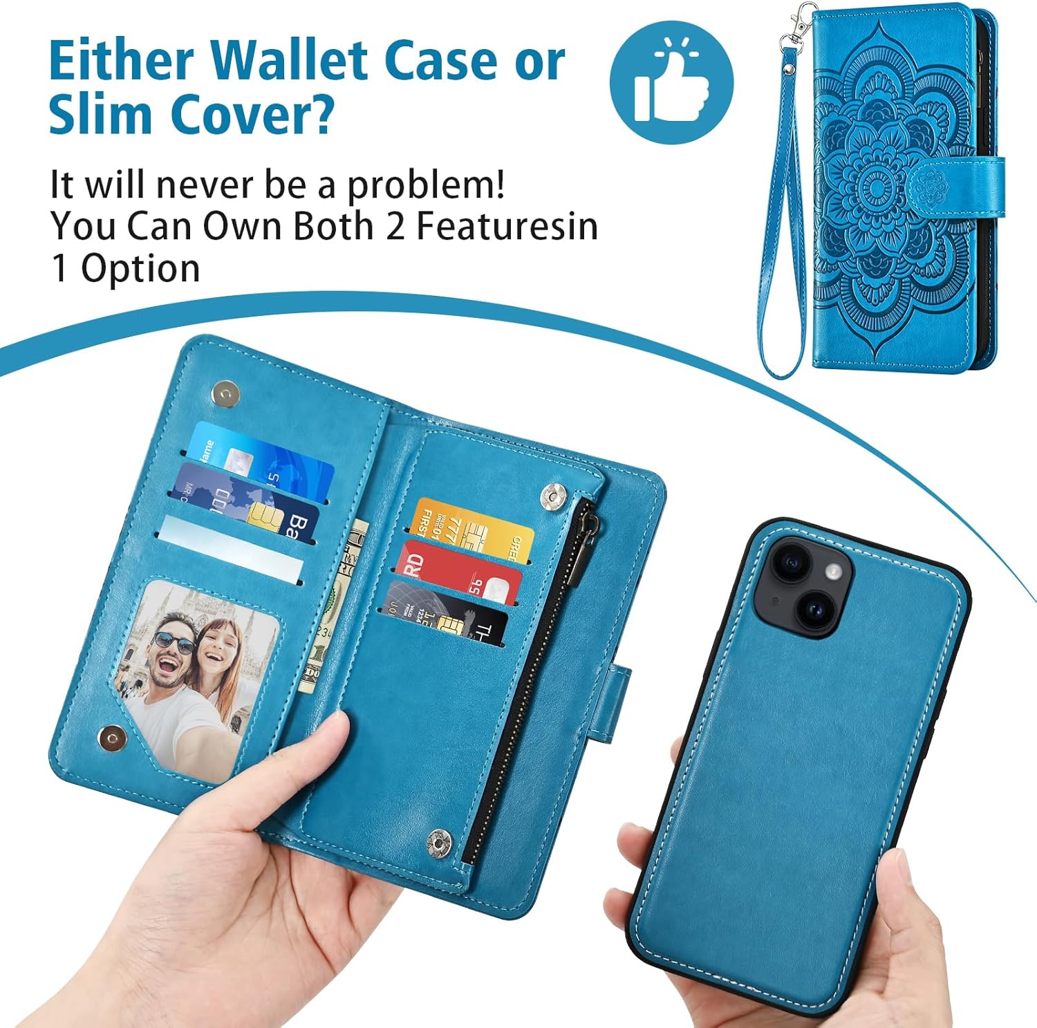 Asuwish Phone Case for iPhone 14 6.1 inch Zipper Wallet Detachable Cell Cover with Tempered Glass Screen Protector Crossbody Strap Flower Card Holder iPhone14 5G i i-Phone i14 14Case Women Girls Blue