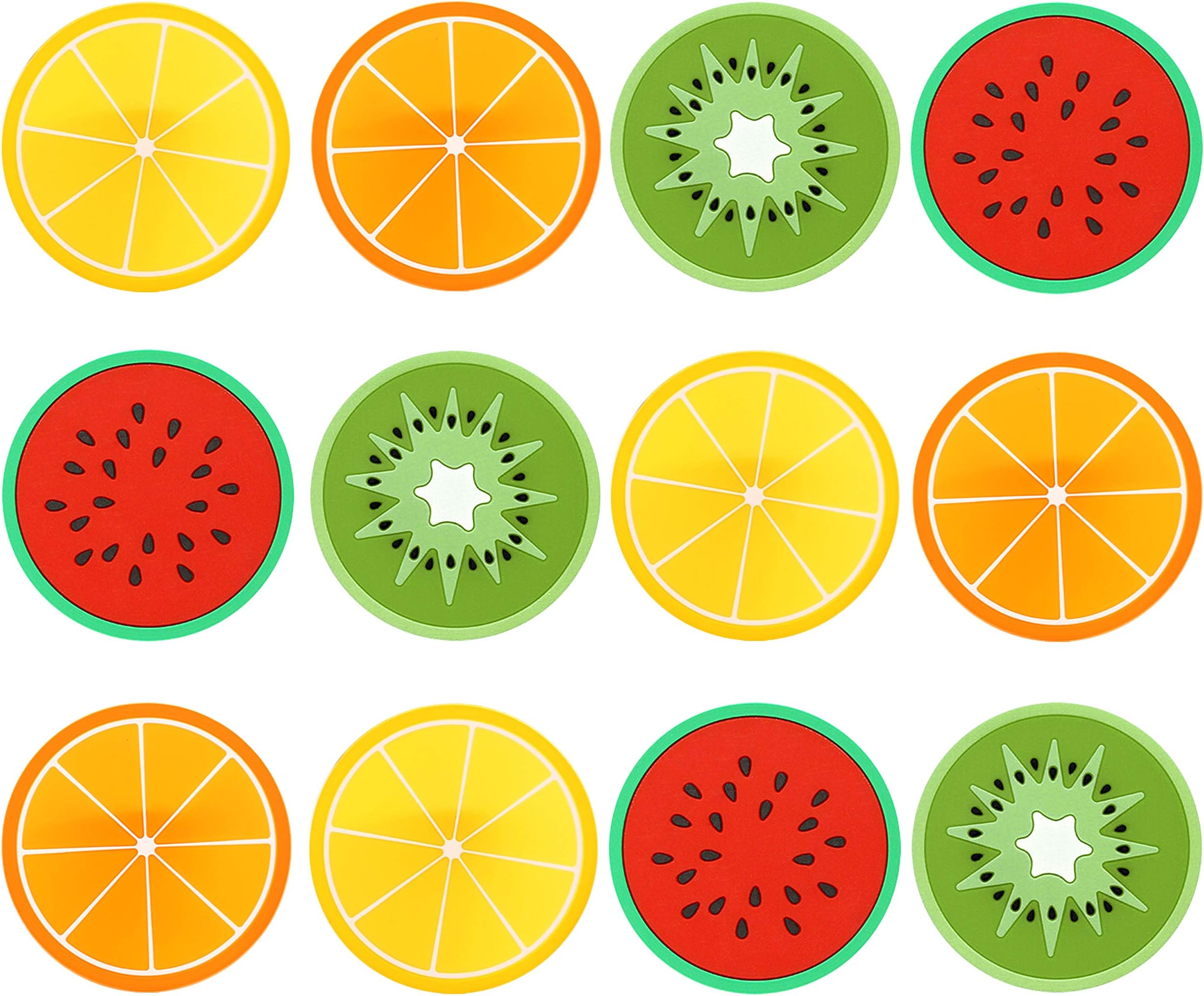 12 x Simpa Fruity Coasters - Novelty Silicone Fruit Slice Inspired Placemats Coasters - Watermelon, Kiwi Fruit, Orange and Lemon Designs - 9cm Diameter