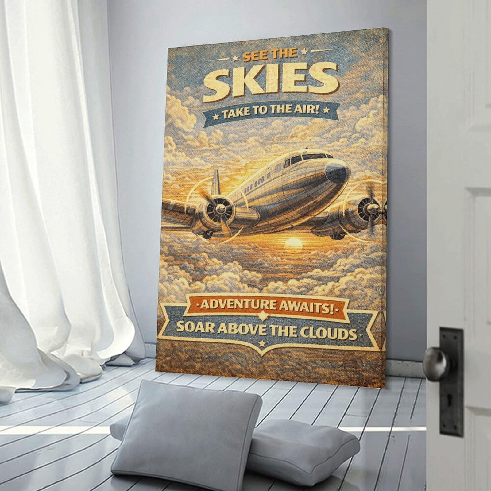 Junmoney Vintage Airplane Adventure Wall Art Print 24x36inch(60x90cm), for Lounge, Study, Hallway Or Flat Walls, Decorative Artwork with Broad Appeal
