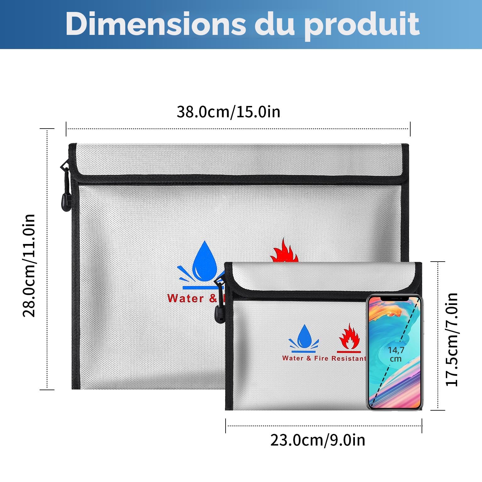 Sacs anti-feu ,2 porte-documents ignifuges | Sac étanche à feu pour documents de passeport bandatei d'argent | En fibre de verre de qualité supérieure