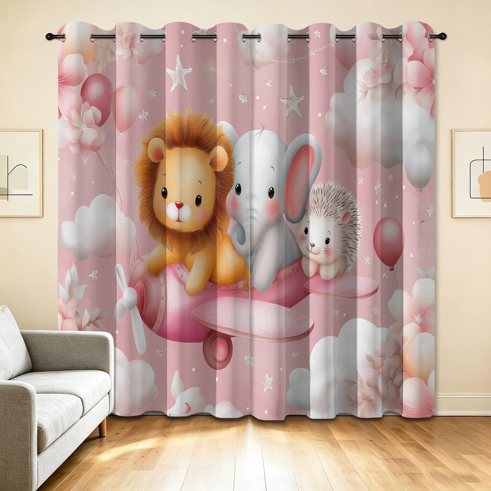 Rideau Occultant Thermique Isolant Anti, Style Continu Mignon Animaux Aéronef Rideaux Fenêtre Opaques à Oeillets Anti Froid UV Bruit, pour Pouponnière Chambre Bébé Chambre Fille 140L x 215H cm Rose