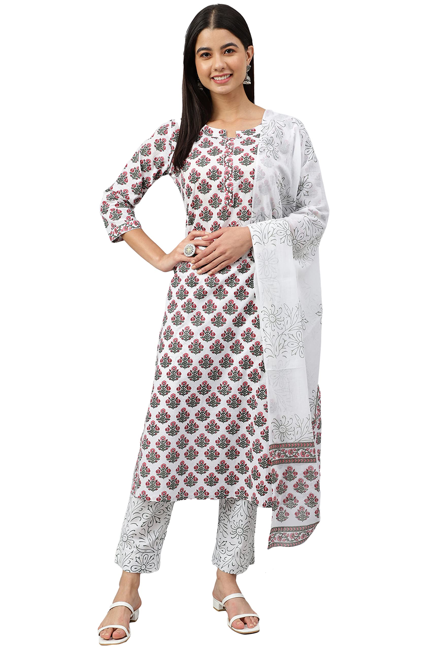 JanasyaIndian Women's White Cotton Floral Block Print Kurta with Pant and Dupatta