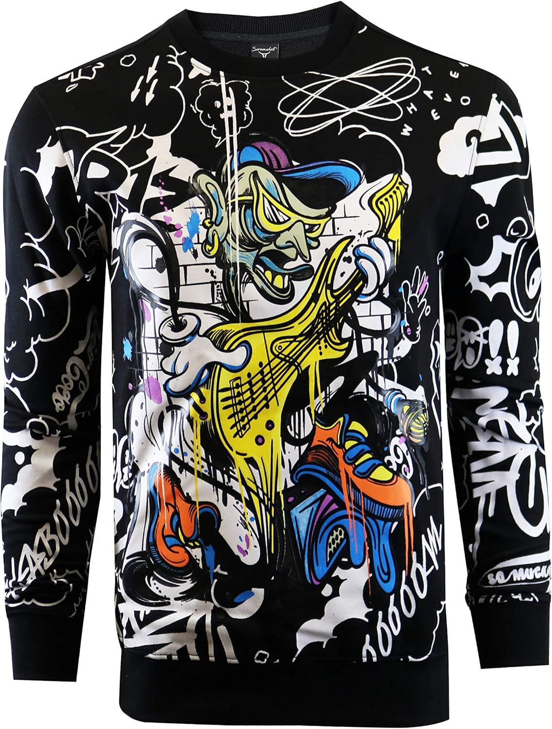 SCREENSHOT-F11027 Mens Urban Hip Hop Fleece Pullover Top - Dancing Guitar Player Cartoon Animation Crew Neck Streetwear Sweatshirt-Black-Small - Image 2